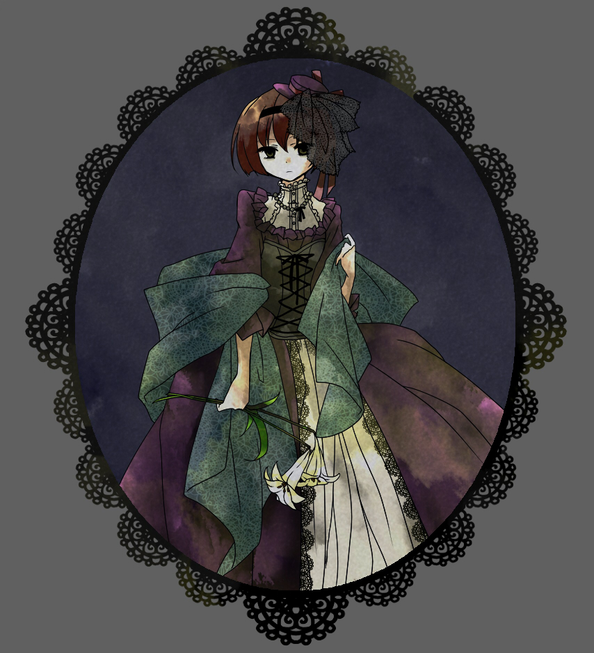 corset, dress, flower, frame, gothic_lolita, hairband, hat, lily_(flower)