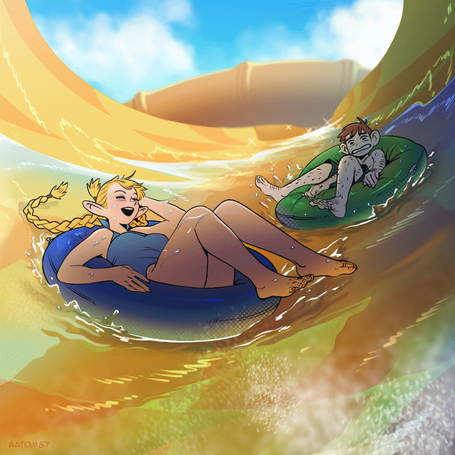 1boy, 1girl, aatom87, arm_hair, blonde_hair, blue_one-piece_swimsuit, blue_sky, braid, breasts, brown_hair, chilchuck_tims, clenched_teeth, closed_eyes, clouds, commentary, contemporary, dungeon_meshi, foot_hair, innertube, leg_hair, low_twin_braids, male_swimwear, marcille_donato, medium_breasts, one-piece_swimsuit, open_mouth, pointy_ears, scared, sky, smile, swim_ring, swim_trunks, swimsuit, symbol-only_commentary, teeth, twin_braids, water_slide, wet
