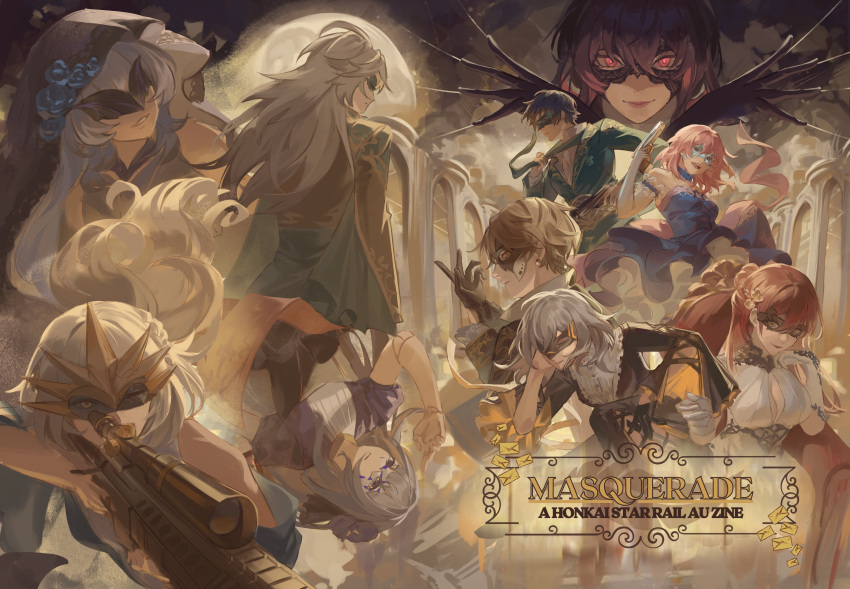 2boys, 6+girls, absurdres, alternate_costume, alternate_universe, aqua_jacket, back_bow, bare_shoulders
