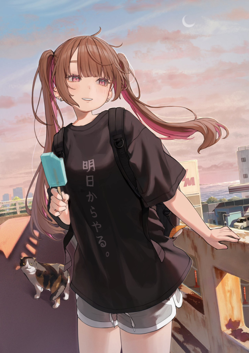1girl, backpack, bag, bag_charm, black_bag, black_shirt, brown_hair, cat, charm_(object), colored_inner_hair, commentary_request, cowboy_shot, crescent_moon, dolphin_shorts, dusk, earrings, food, gradient_sky, grey_shorts, hamunezuko_(nezukonezu32), hand_on_railing, highres, holding, holding_food, holding_popsicle, jewelry, looking_to_the_side, mole, mole_under_eye, moon, multicolored_hair, original, outdoors, parted_lips, pink_eyes, pink_hair, popsicle, shirt, shorts, sky, solo, stud_earrings, twintails, two-tone_hair