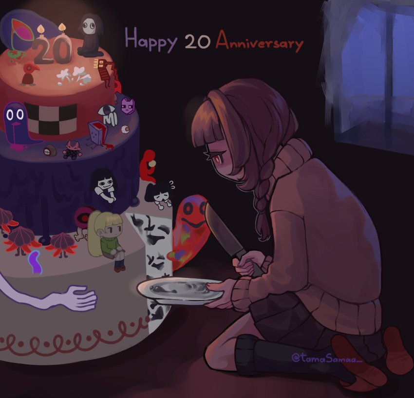 4girls, absurdres, birthday_cake, blunt_bangs, braid, brown_hair, cake, candle