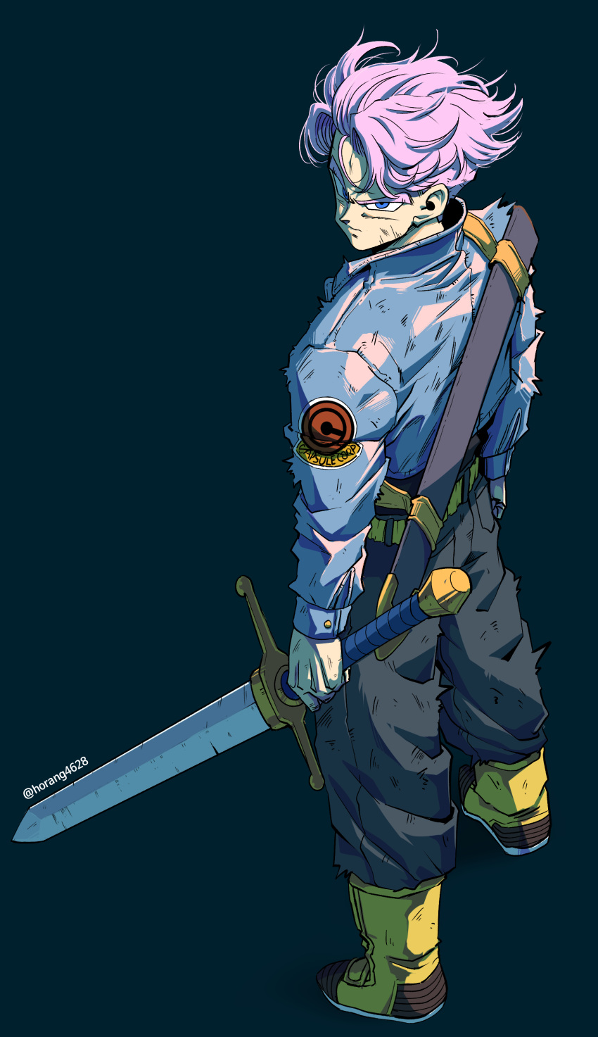 1boy, absurdres, artist_name, battle_damage, belt, blue_eyes, blue_jacket, boots