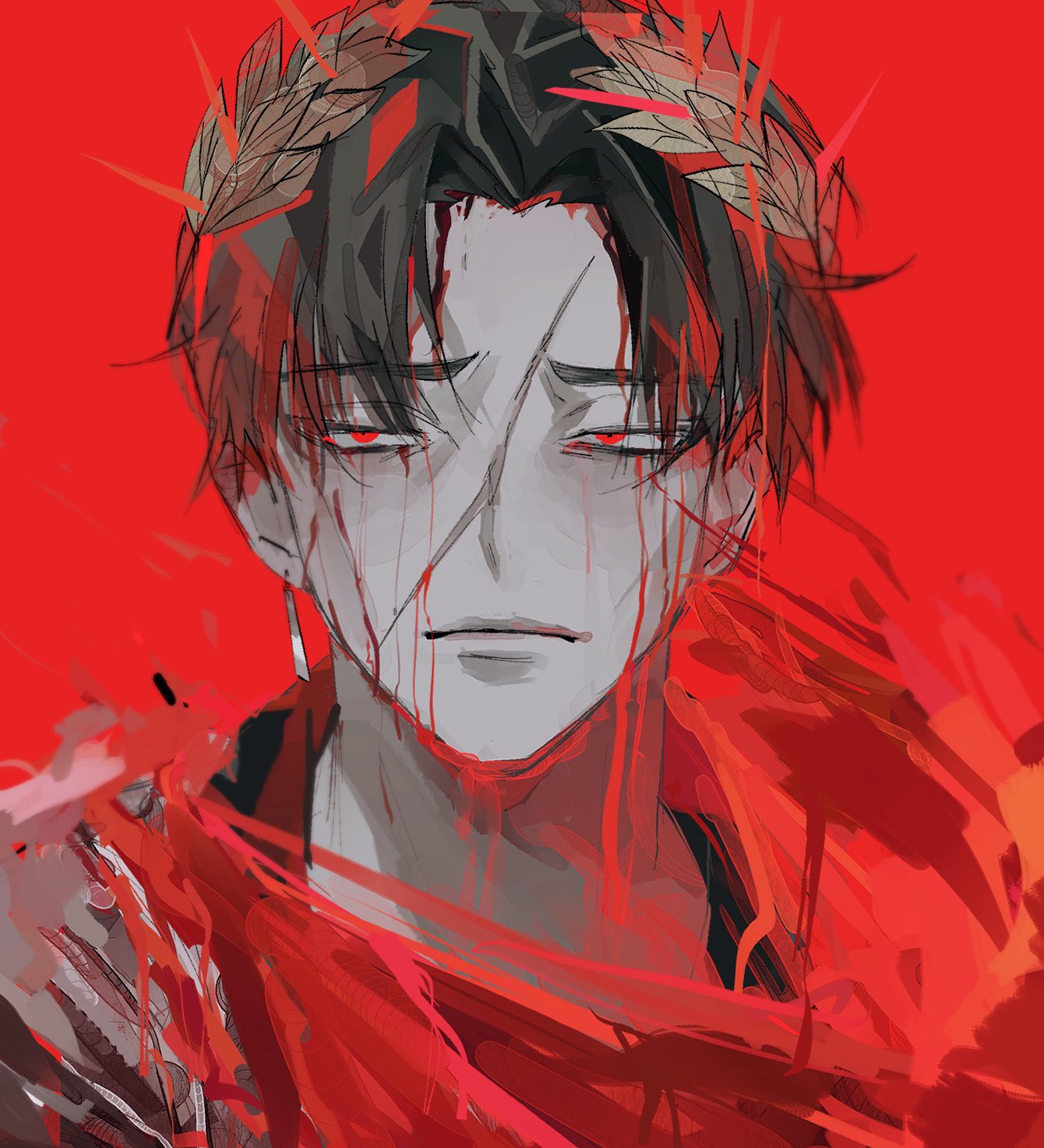 black_hair, blood, dripping_blood, e.g.o_(project_moon), earrings, gt_uo4, highres, jewelry