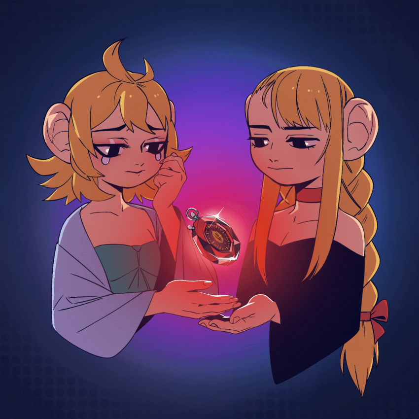 2girls, aatom87, alternate_species, bare_shoulders, braid, choker, commentary, crying