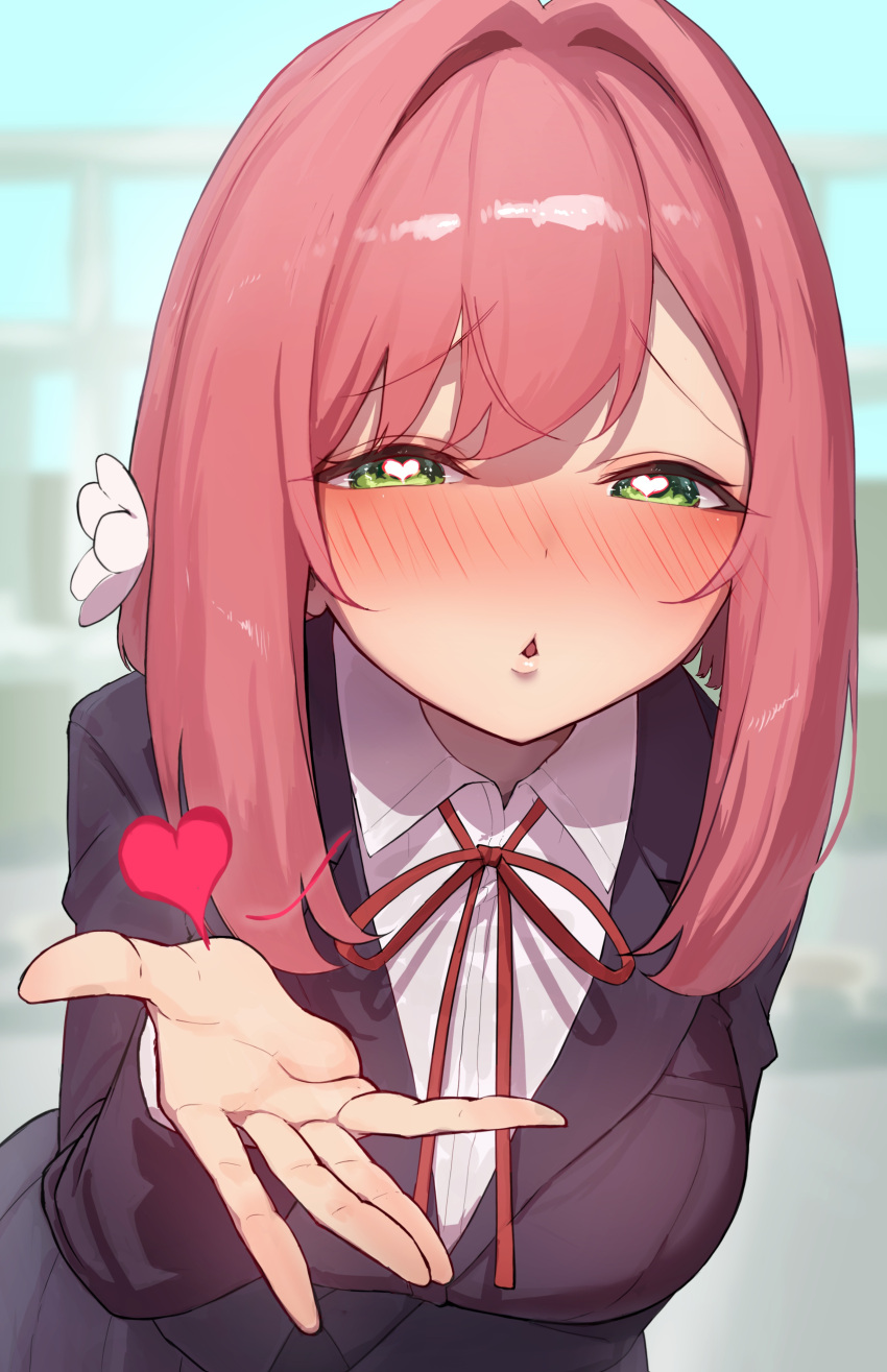 1girl, absurdres, black_jacket, black_skirt, blowing_kiss, blurry, blurry_background, blush