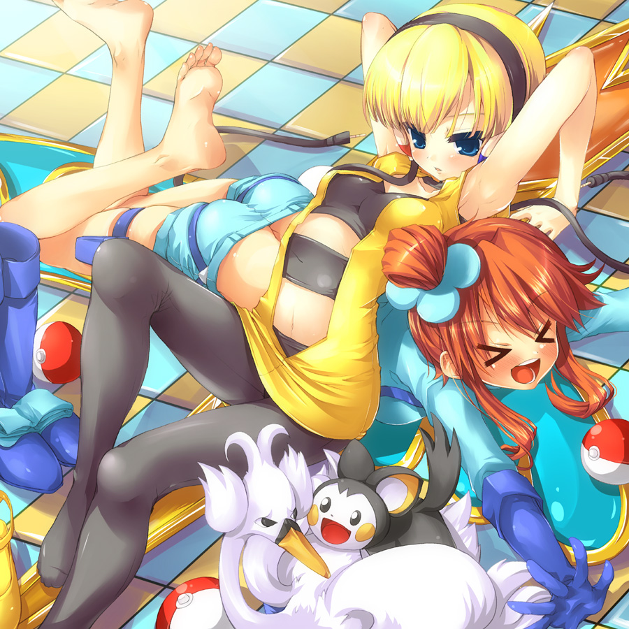 >_<, armpits, barefoot, blonde_hair, blue_eyes, choker, emolga, feet