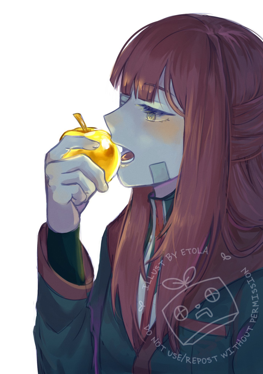 apple, bandaid, black_jacket, etola, eye_reflection, food, fruit, golden_apple, highres, jacket, limbus_company, project_moon, redhead, reflection, simple_background, yuri_(project_moon)