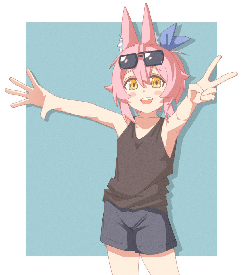 1girl, animal_ears, armpits, black_tank_top, blue_ribbon, casual, duel_monster, eyewear_on_head, highres, kaeru_(mochikaeru), kitt_(yu-gi-oh!), looking_at_viewer, medium_hair, outstretched_arms, pink_hair, ribbon, shorts, smile, solo, standing, sunglasses, tank_top, tri-brigade_kitt, v, yellow_eyes, yu-gi-oh!