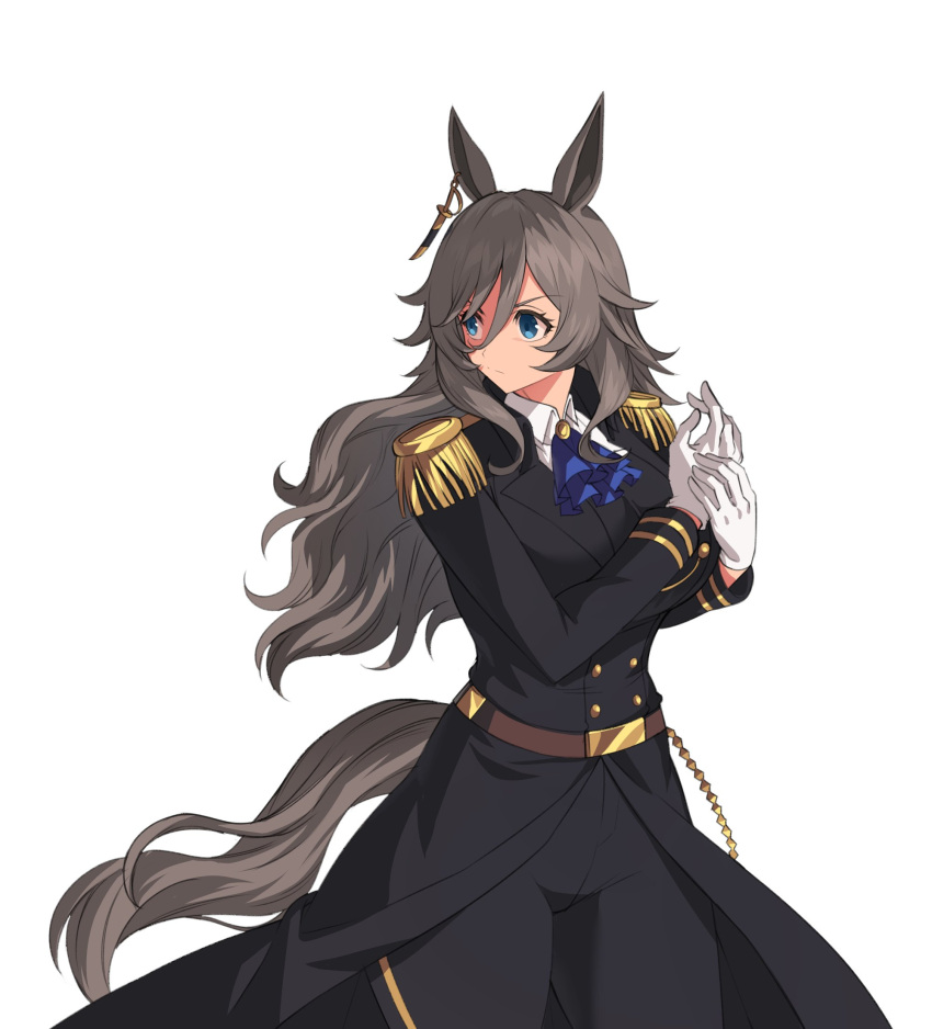 1girl, animal_ears, ascot, black_hair, blue_ascot, blue_eyes, bow, buttons