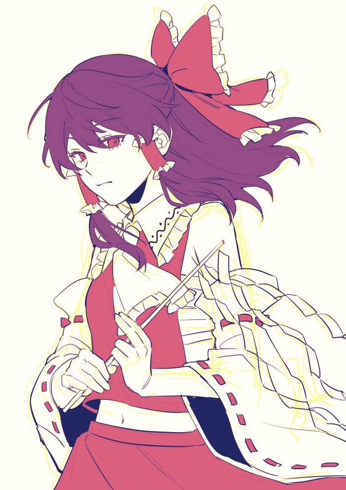 1girl, armpit_crease, ascot, black_hair, bow, chest_sarashi, crop_top, detached_sleeves, expressionless, hair_bow, hair_tubes, hakurei_reimu, half_updo, long_hair, navel, noriuma, red_bow, red_eyes, red_shirt, sarashi, shirt, simple_background, sleeveless, sleeveless_shirt, solo, touhou, white_ascot, white_background