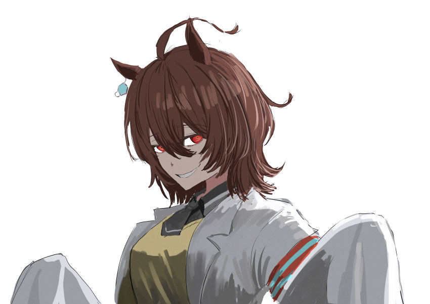 1girl, absurdres, agnes_tachyon_(umamusume), ahoge, animal_ears, blaze_octopus, brown_hair, commentary_request, earrings, hair_between_eyes, highres, horse_ears, horse_girl, horse_tail, jacket, jewelry, long_sleeves, looking_at_viewer, necktie, red_eyes, shirt, short_hair, short_necktie, simple_background, single_earring, sleeves_past_fingers, sleeves_past_wrists, smile, sweater, sweater_vest, tail, umamusume, upper_body, white_background, white_shirt, yellow_sweater, yellow_sweater_vest