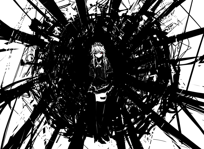 headdress, highres, izayoi_sakuya, koumajou_densetsu, monochrome, red_eyes, spot_color, touhou