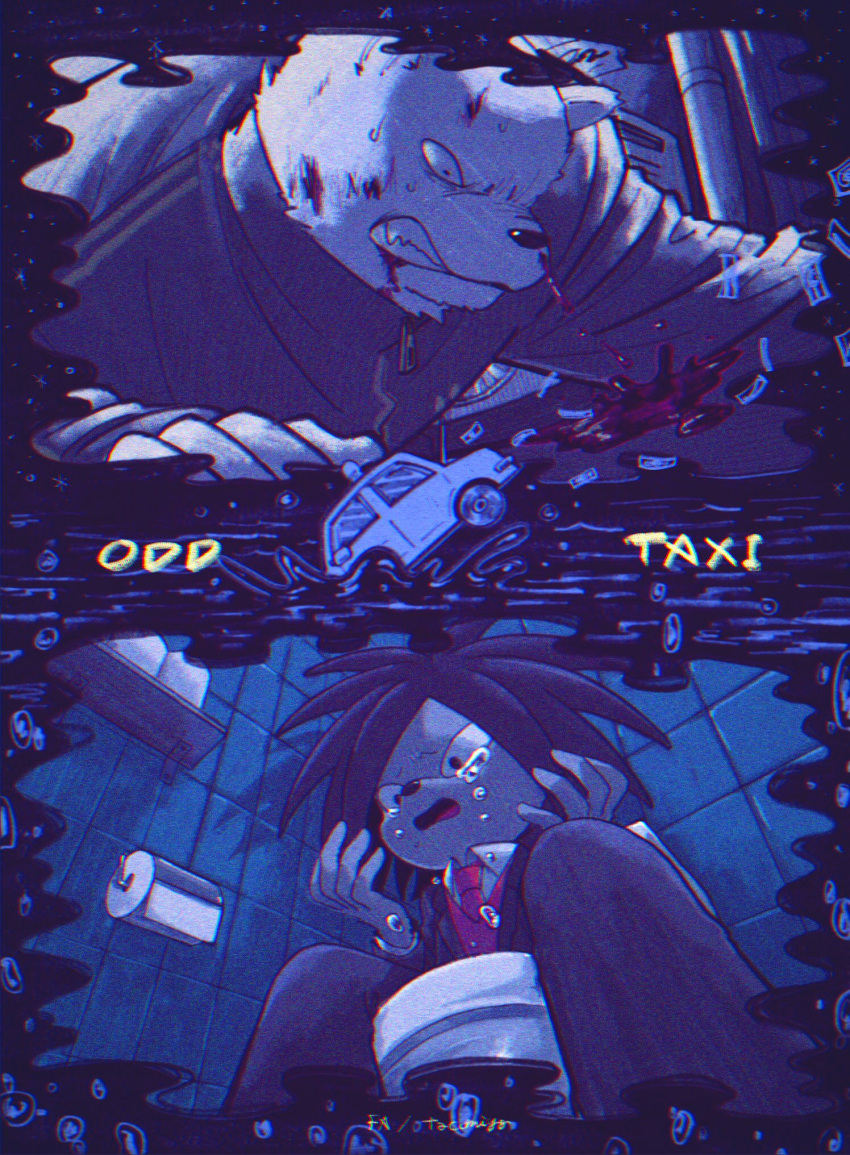 2boys, animal_ears, animal_nose, banknote, bear_boy, bear_ears, black_eyes, black_hair