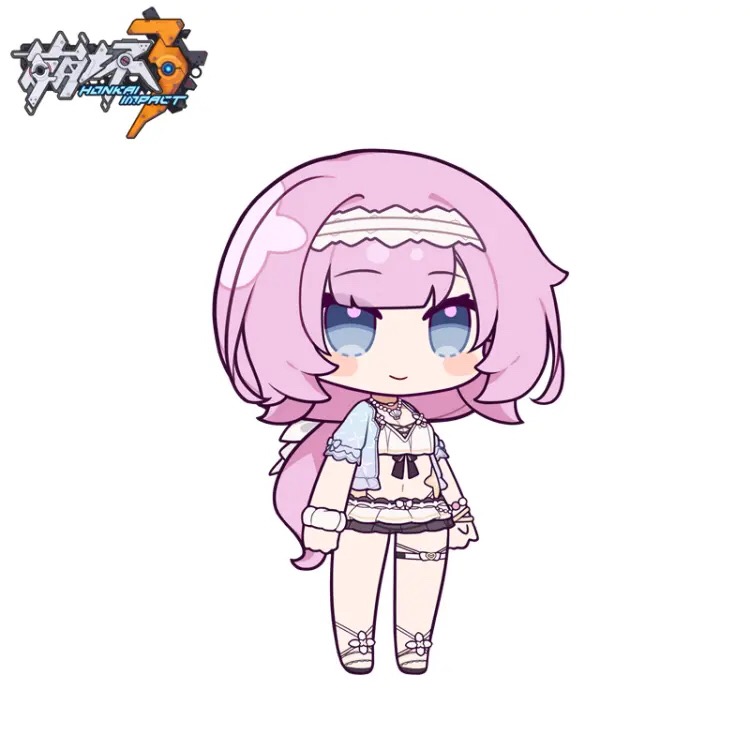 bare_legs, bikini, blue_eyes, chibi, elysia_(honkai_impact), elysia_(miss_pink_elf)_(honkai_impact), elysia_(summer_miss_elf)_(honkai_impact), eta, headband, honkai_(series), honkai_impact_3rd, long_hair, navel, official_art, pink_hair, ponytail, sandals, stomach, swimsuit, thigh_strap, white_background, white_bikini, white_headband