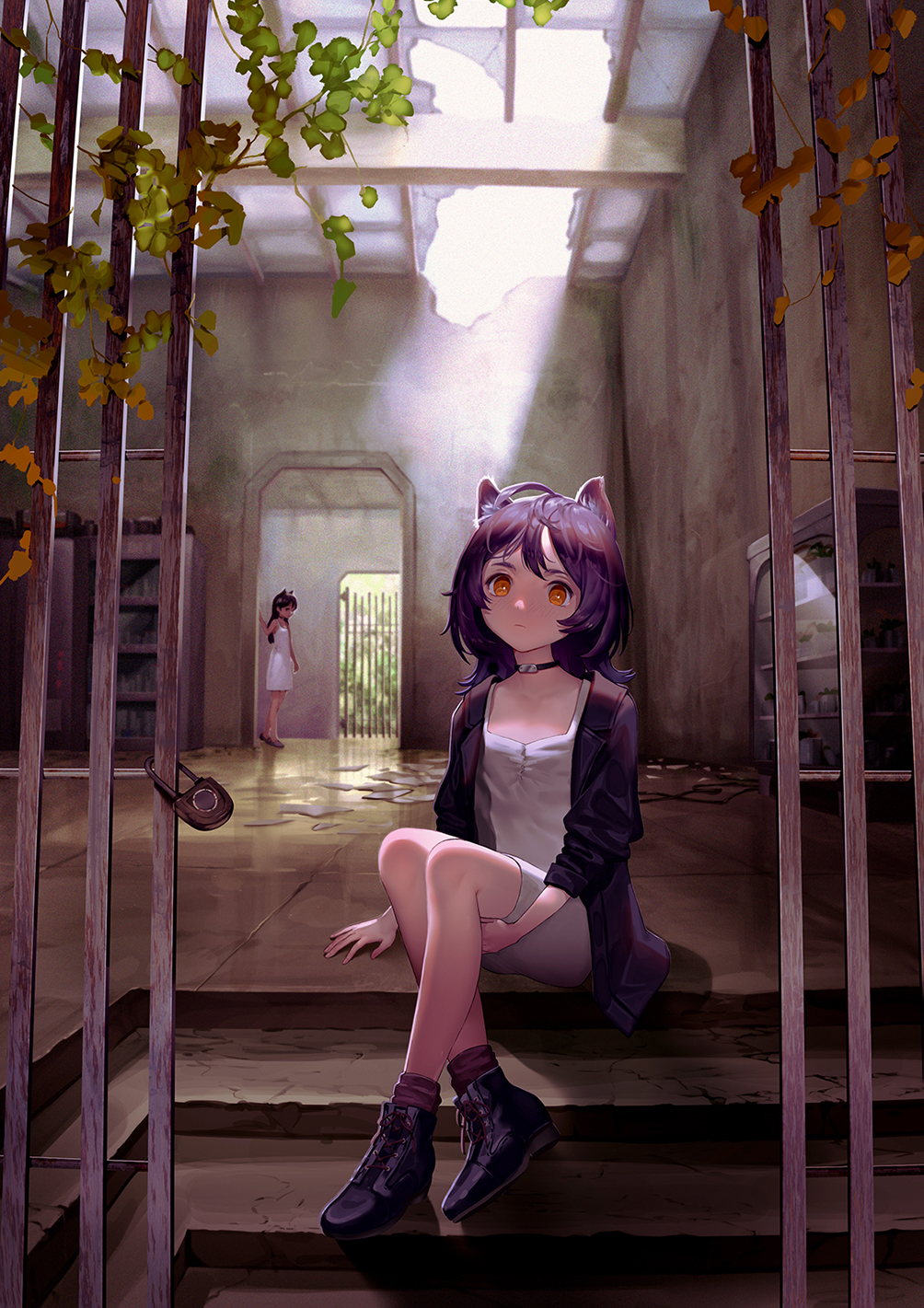 2girls, animal_ear_fluff, animal_ears, ankle_socks, black_collar, black_footwear, black_hair, black_jacket