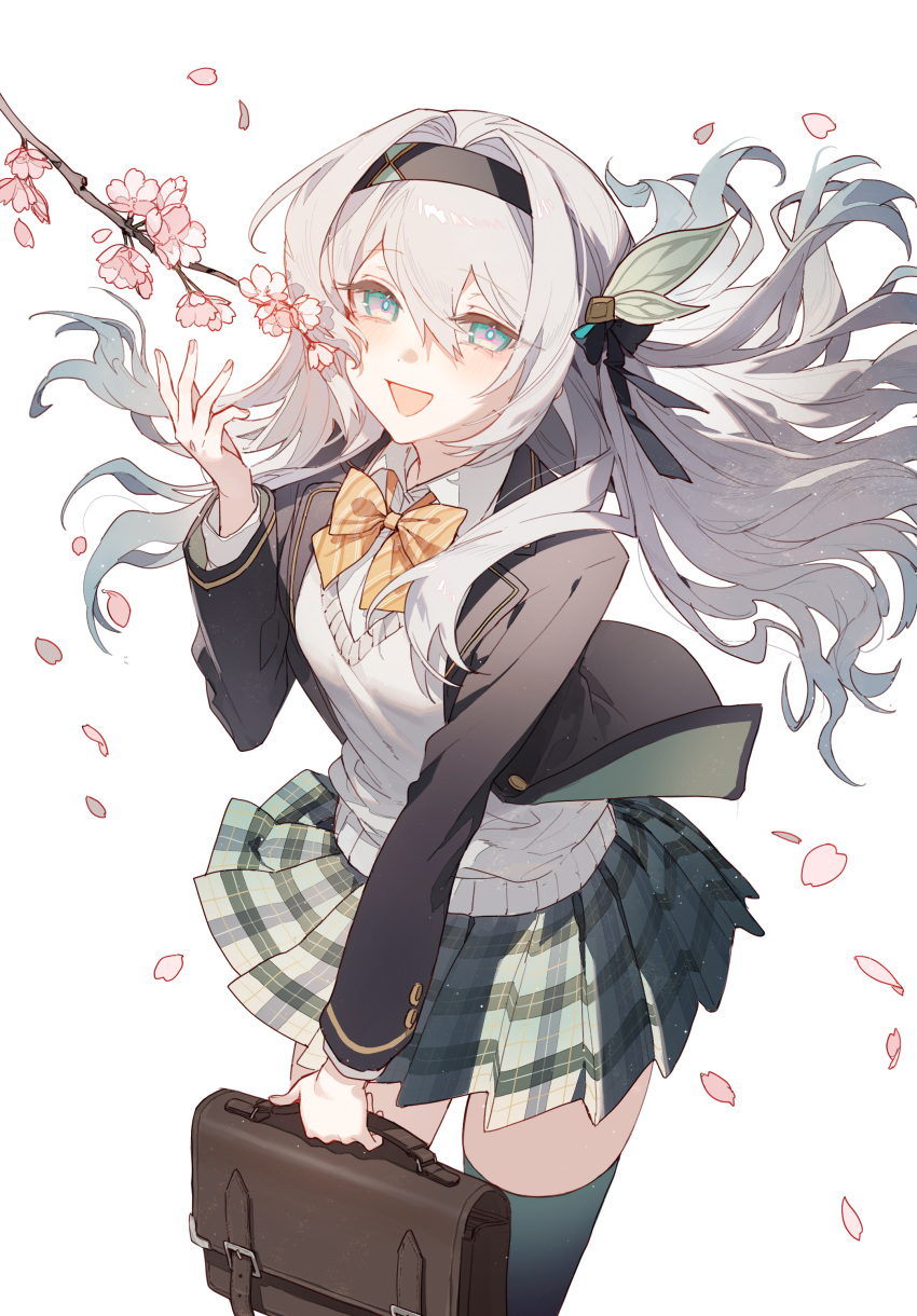 1girl, :d, absurdres, alternate_costume, aqua_hair, aqua_thighhighs, bag, black_hairband, black_jacket, bow, bowtie, branch, brown_bag, cherry_blossoms, cropped_jacket, falling_petals, firefly_(honkai:_star_rail), floating_hair, gradient_hair, grey_hair, hair_between_eyes, hair_intakes, hairband, highres, holding, holding_bag, honkai:_star_rail, honkai_(series), jacket, long_hair, long_sleeves, looking_at_viewer, multicolored_eyes, multicolored_hair, open_clothes, open_jacket, open_mouth, orange_bow, orange_bowtie, petals, plaid_clothes, plaid_skirt, school_bag, school_uniform, shirt, simple_background, skirt, smile, snowcake47, solo, standing, thigh-highs, white_background, white_shirt
