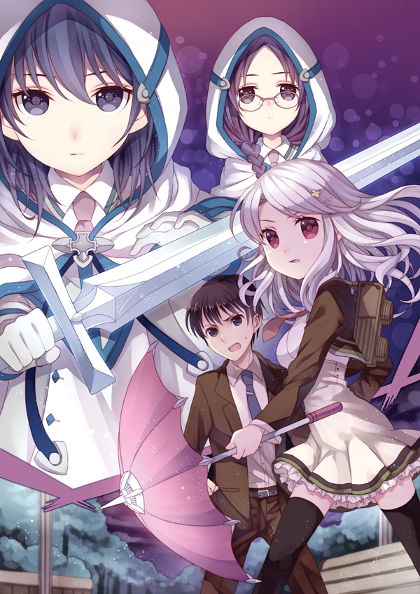 bad_id, black_hair, blue_eyes, blue_hair, braid, cloak, dress, formal, frills, glasses, hair_ornament, hairclip, necktie, pink_eyes, purple_eyes, purple_hair, short_hair, suit, sword, thighhighs, umbrella, wasabi_(artist), wasabi_(sekai), weapon, white_hair