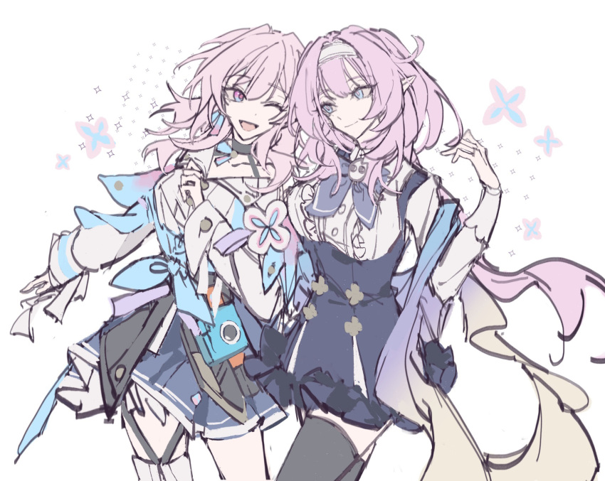 2girls, black_thighhighs, blue_eyes, blue_skirt, breasts, elf, elysia_(coco)_(honkai_impact), elysia_(honkai_impact)