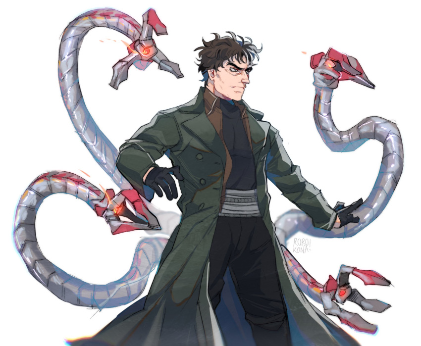 1boy, artist_name, black_eyes, black_gloves, black_pants, black_shirt, blue_coat, brown_hair