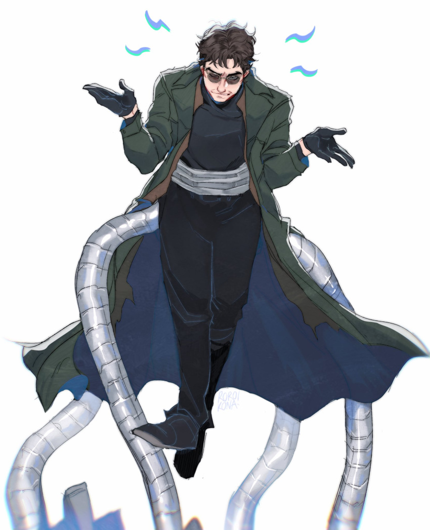 1boy, artist_name, black_gloves, black_pants, blue_coat, brown_eyes, brown_hair, brown_shirt