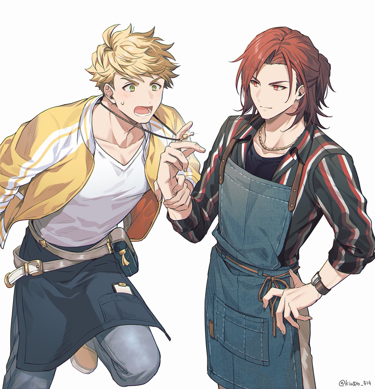2boys, apron, black_apron, black_shirt, blue_apron, chain, chain_necklace, closed_mouth