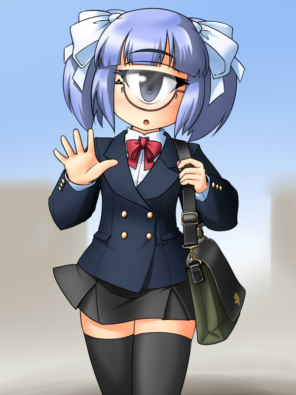 blue_hair, cyclops, glasses, hair_ribbon, namakon_juugo, no_nose, open_mouth, original, ribbon, saiku-san, school_uniform, short_hair, solo, thigh-highs, thighhighs, waving, zettai_ryouiki