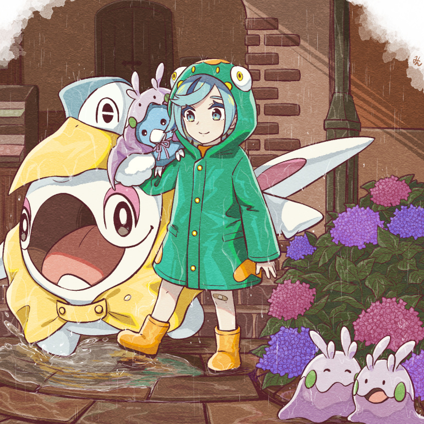 1boy, aged_down, bandaid, bandaid_on_knee, bandaid_on_leg, bellibolt, bellibolt_(cosplay), blue_hair, bush, buttons, cetoddle, closed_mouth, commentary_request, cosplay, day, goomy, goomy_(cosplay), grusha_(pokemon), highres, hood, hood_up, knees, long_sleeves, male_focus, min_(myna8247), outdoors, pelipper, pelipper_(cosplay), pokemon, pokemon_(creature), pokemon_on_arm, pokemon_sv, rain, raincoat, short_hair, smile, standing, swablu, swept_bangs