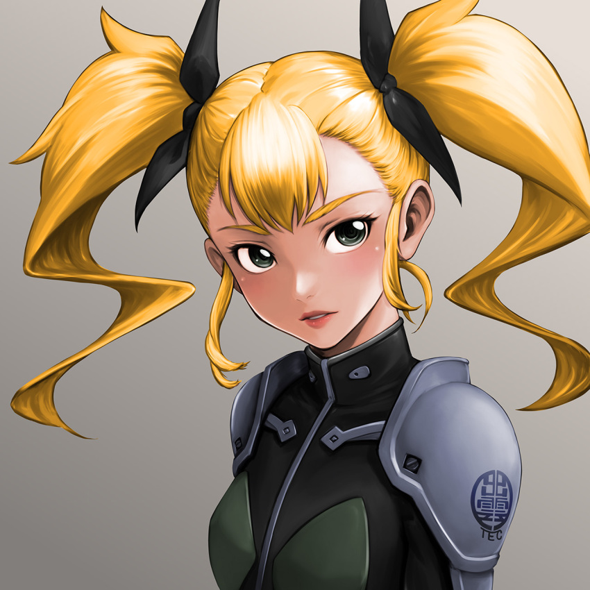 1girl, black_ribbon, gradient_background, green_eyes, hair_ribbon, highres, kaijuu_no._8, lips