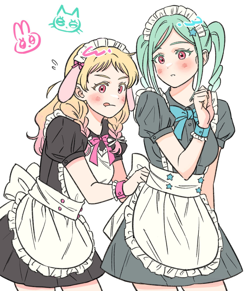 2girls, adjusting_clothes, apron, black_dress, blonde_hair, blush, braid, commentary_request