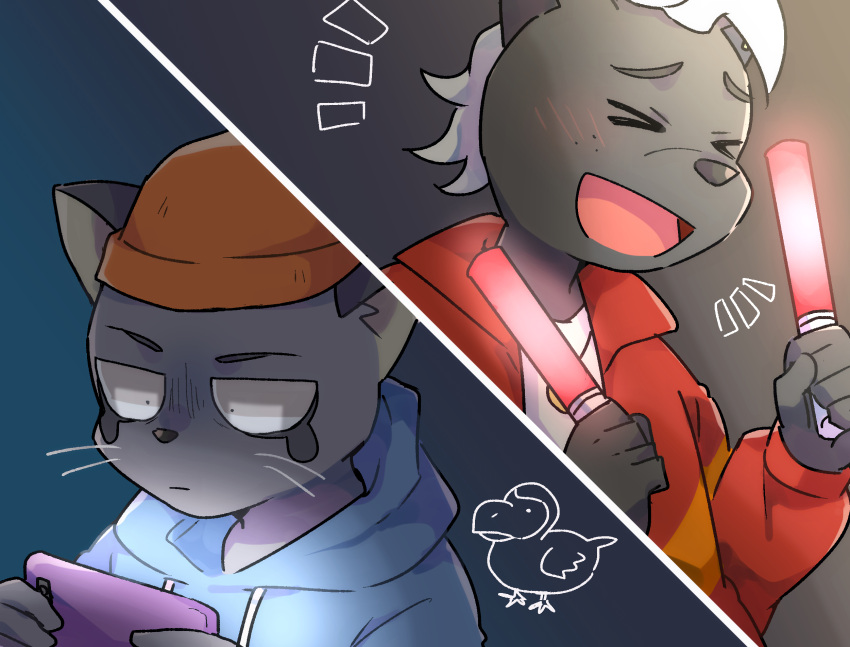 >o<, 2boys, animal_ears, animal_nose, blue_background, blue_hoodie, cat_boy, cat_ears