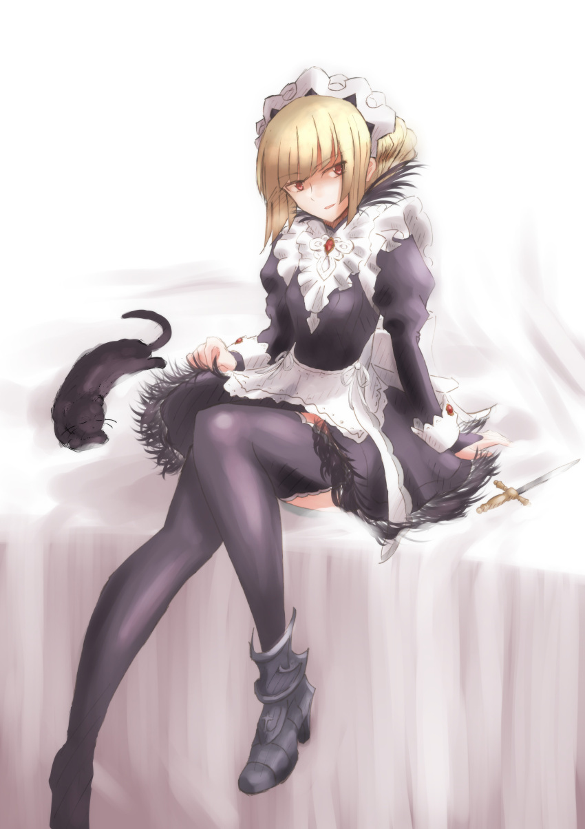 1girl, absurdres, apron, armored_boots, black_cat, black_footwear, black_thighhighs, blonde_hair, boots, cat, dagger, fire_emblem, fire_emblem_fates, gn-xel, highres, knife, lifting_own_clothes, looking_at_viewer, maid, maid_apron, maid_headdress, red_eyes, short_hair, sitting, thigh-highs, weapon