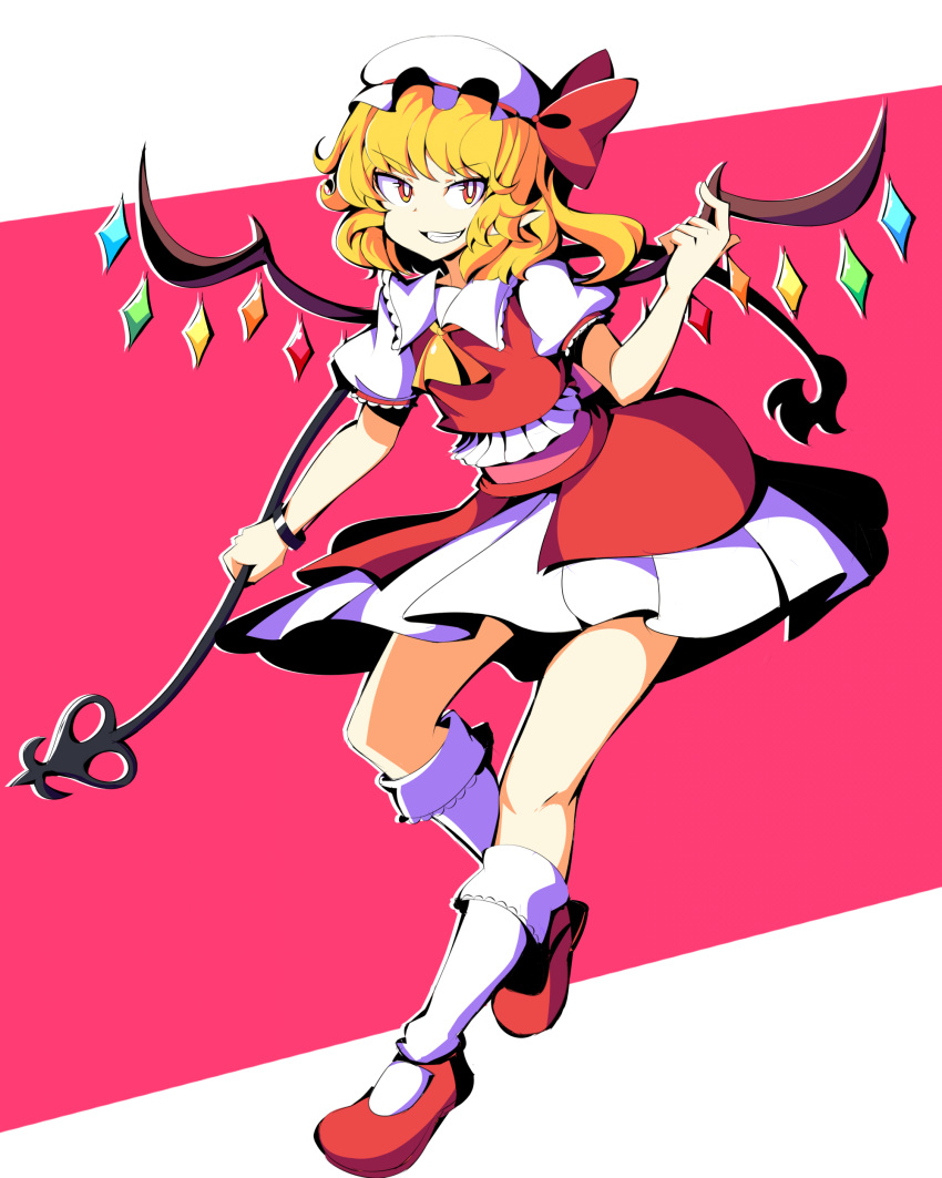 1girl, absurdres, ascot, blonde_hair, commentary, crystal_wings, english_commentary, flandre_scarlet, full_body, grin, hat, hat_ribbon, highres, laevatein_(touhou), looking_at_viewer, mob_cap, one_side_up, pointy_ears, red_background, red_eyes, red_footwear, red_ribbon, red_skirt, red_vest, ribbon, rsutibu, shirt, short_hair, short_sleeves, skirt, smile, socks, solo, touhou, two-tone_background, variant_set, vest, white_background, white_hat, white_shirt, white_socks, yellow_ascot