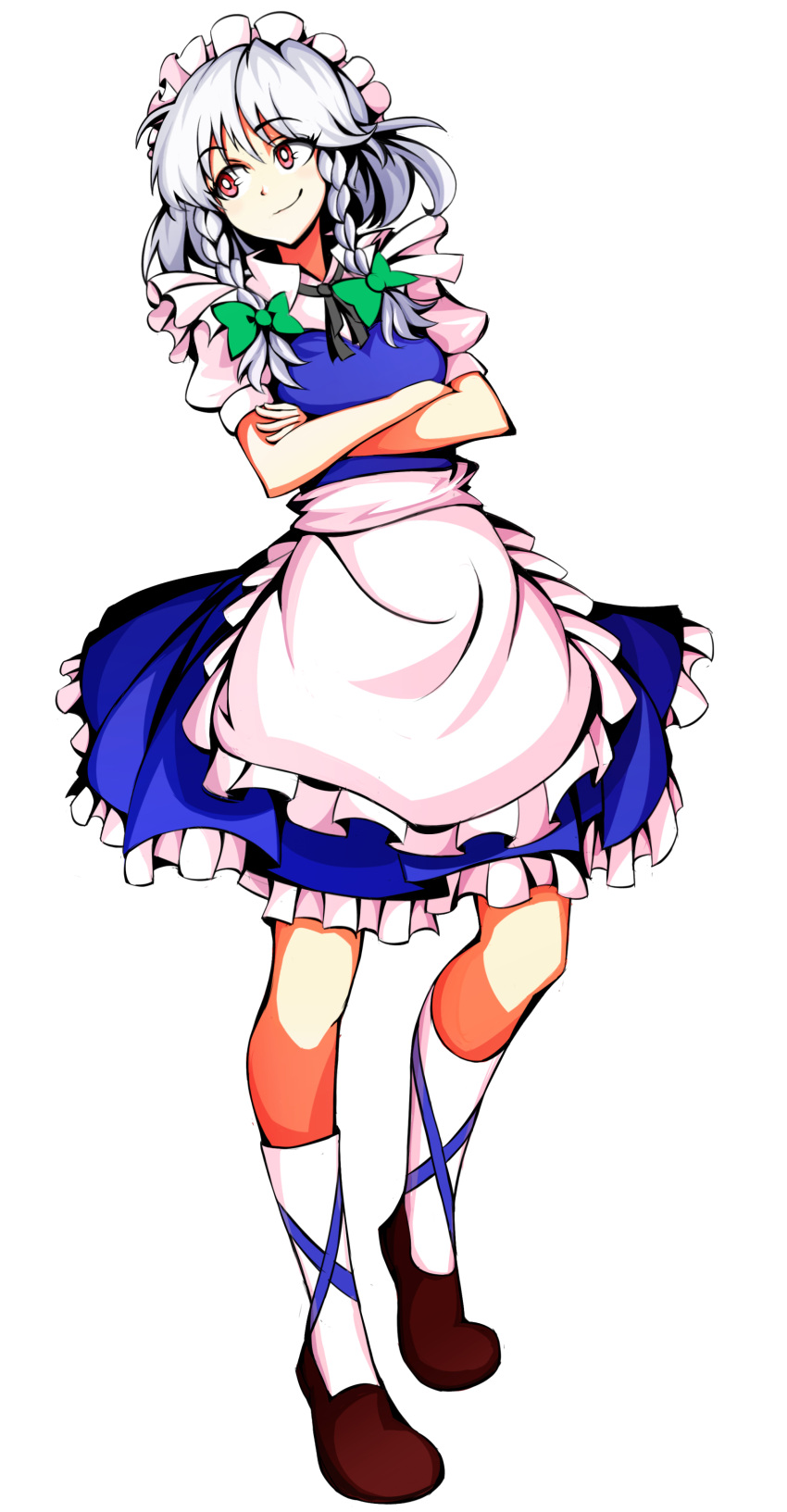 1girl, absurdres, apron, braid, brown_footwear, closed_mouth, commentary, crossed_arms