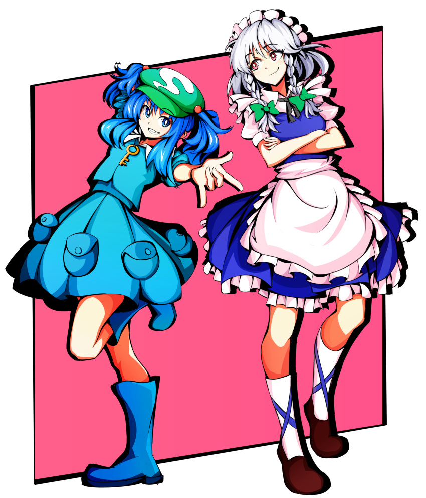 2girls, \m/, absurdres, apron, blue_eyes, blue_footwear, blue_hair, blue_shirt