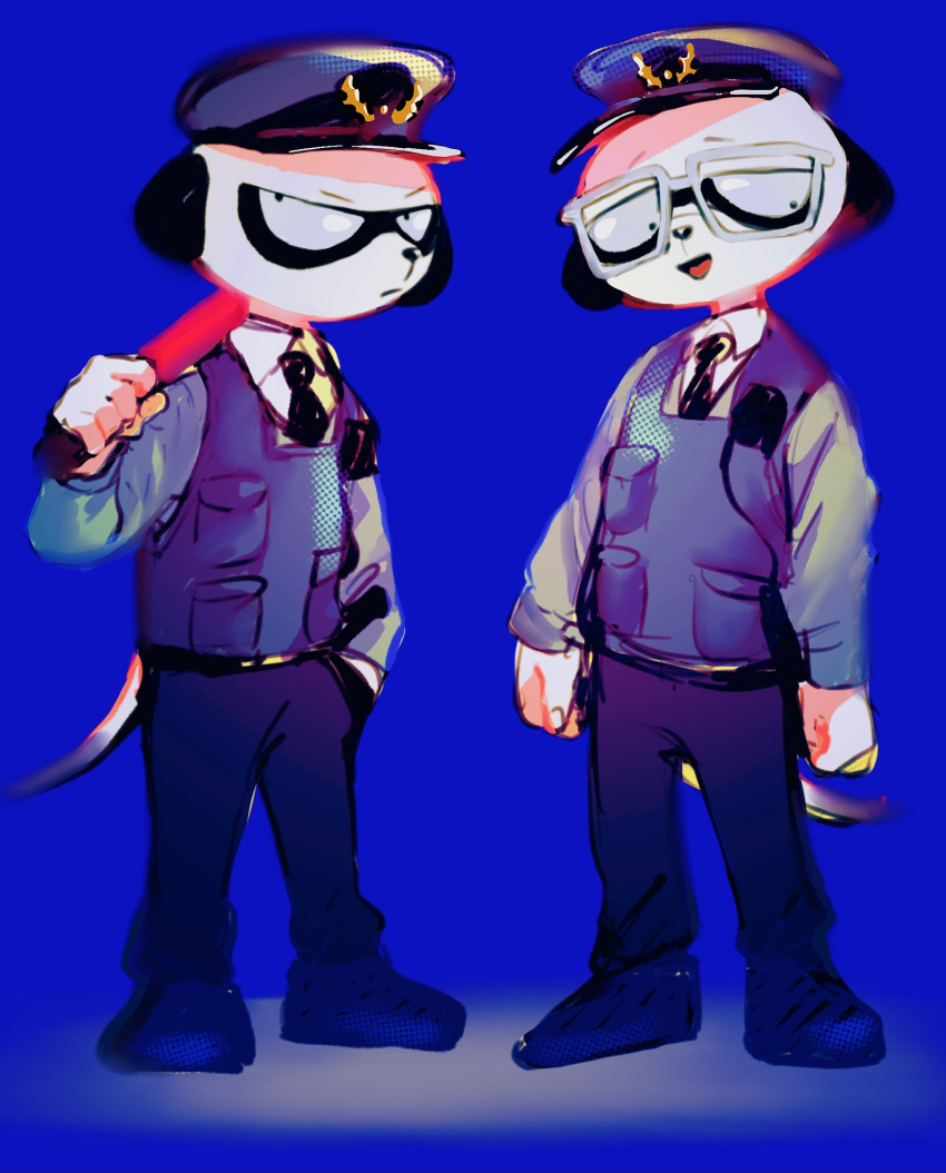 29_kyuu, 2boys, animal_ears, animal_nose, arms_at_sides, black_pants, blue_background, blue_hat, brothers, bulletproof_vest, collared_shirt, daimon_kenshirou, daimon_koushirou, dog_boy, dog_ears, dog_tail, full_body, furry, furry_male, glasses, hand_in_pocket, hat, highres, male_focus, multiple_boys, odd_taxi, open_mouth, over_shoulder, pants, police, police_hat, police_uniform, policeman, shirt, siblings, simple_background, standing, tail, twins, uniform, weapon, weapon_over_shoulder, white-framed_eyewear, white_shirt