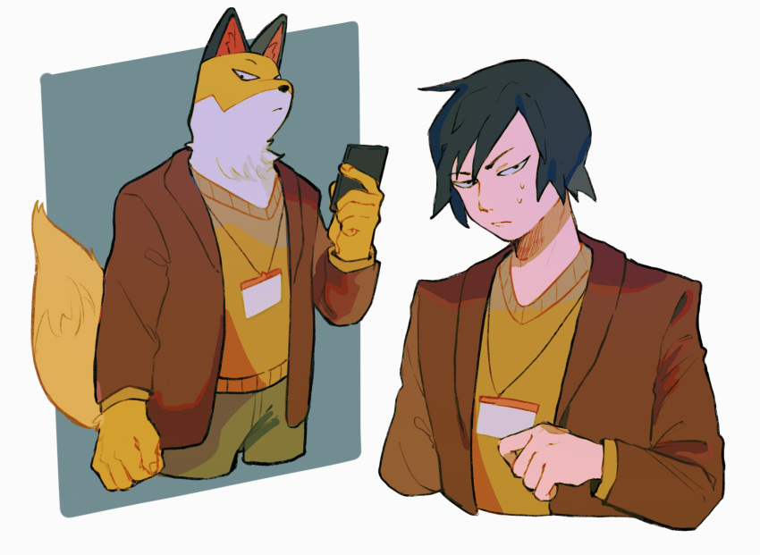 29_kyuu, 2boys, animal_ears, arm_at_side, black_hair, brown_jacket, clenched_hand, cowboy_shot, cropped_legs, cropped_torso, dual_persona, fox_boy, fox_ears, fox_tail, furry, furry_male, highres, holding, holding_phone, id_card, jacket, jitome, lanyard, looking_at_viewer, male_focus, multiple_boys, odd_taxi, open_clothes, open_jacket, phone, short_hair, simple_background, sweat, sweater, tail, upper_body, white_background, yamamoto_fuyuki, yellow_sweater