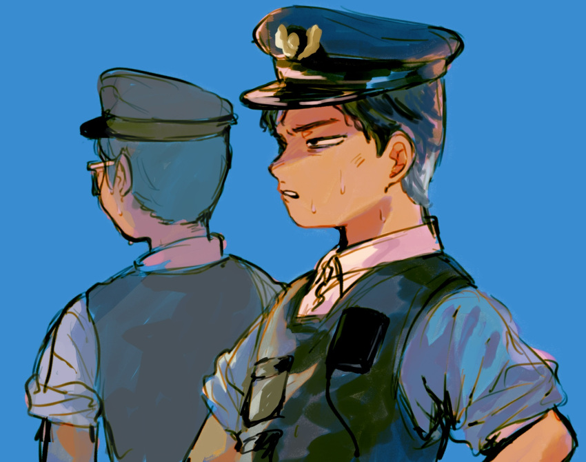 29_kyuu, 2boys, black_hair, black_vest, blue_background, blue_hat, brothers, bulletproof_vest