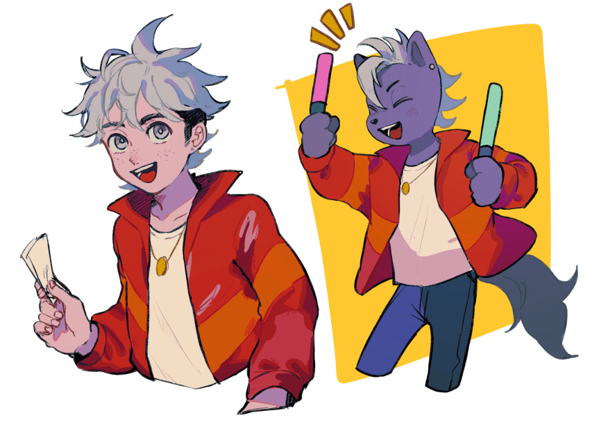 >o<, 29_kyuu, 2boys, absurdres, animal_ear_piercing, animal_nose, blue_pants, closed_eyes