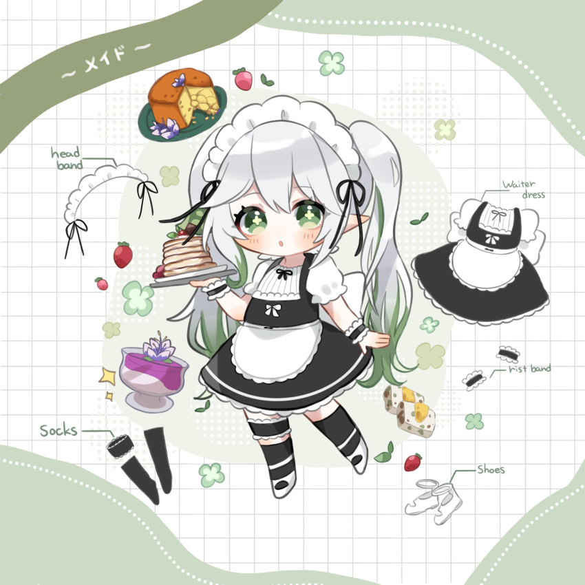 1girl, :o, apron, black_dress, black_ribbon, black_socks, blush, candied_ajilenakh_nut_(genshin_impact)