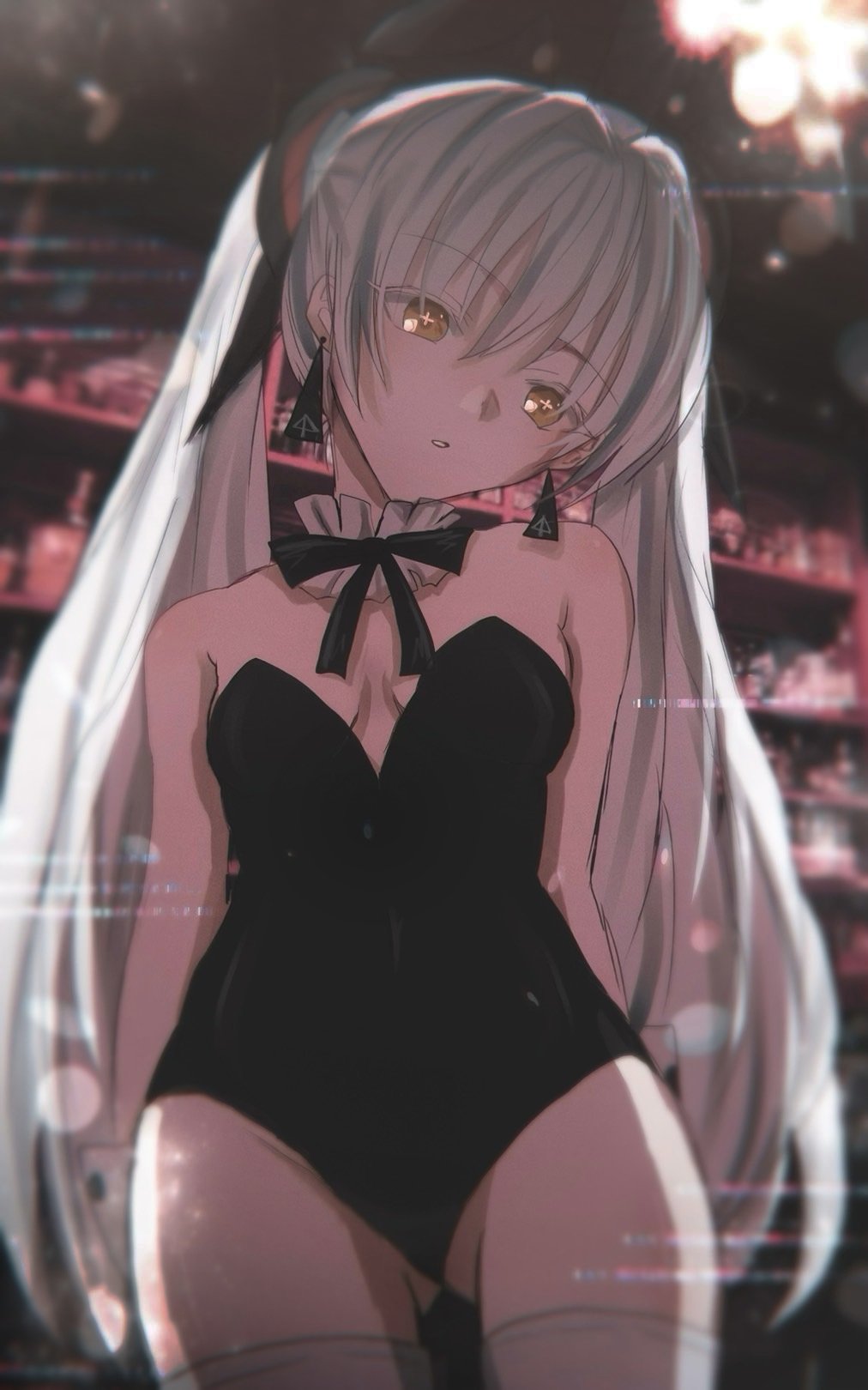 1girl, alternate_costume, bare_arms, bare_shoulders, black_leotard, cross-shaped_pupils, earrings, floating_hair_ornament