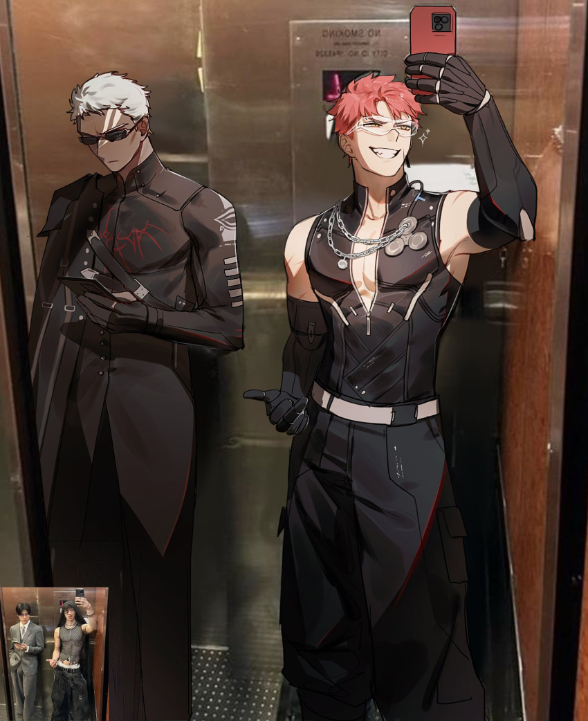 2boys, alternate_costume, black_pants, black_shirt, character_request, dark-skinned_male, dark_skin, elevator