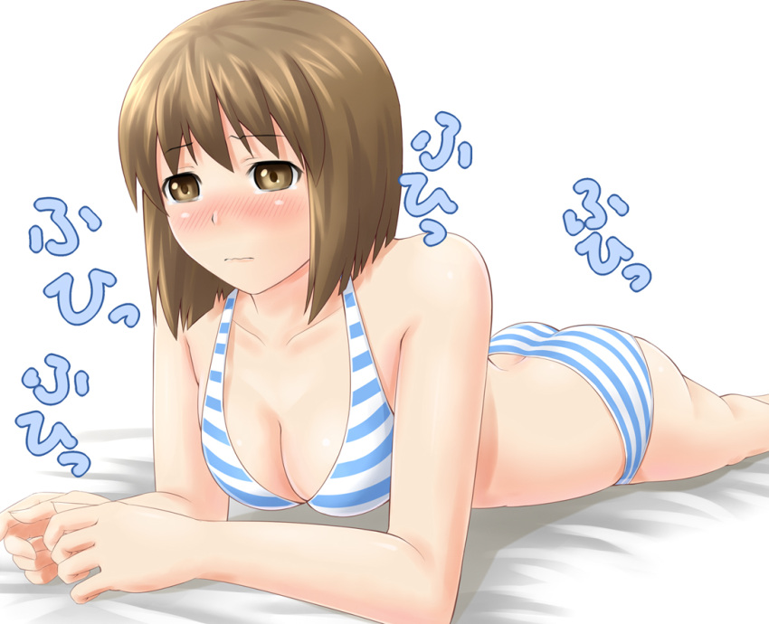 blush, bob_cut, brown_eyes, brown_hair, hagiwara_yukiho, idolmaster, on_stomach, short_hair
