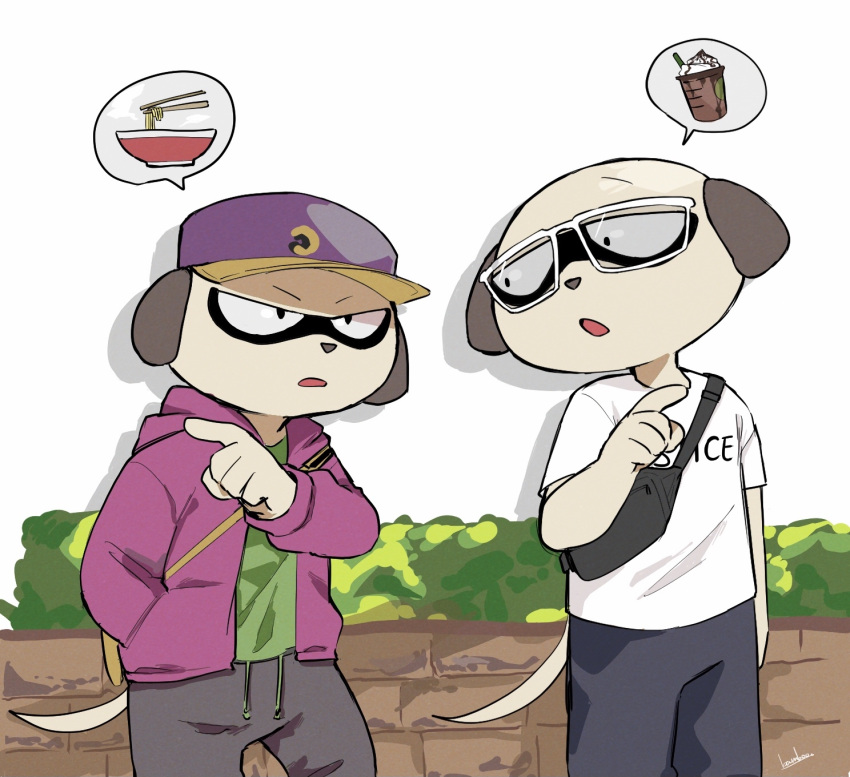 2boys, animal_ears, animal_nose, bamboo_617, baseball_cap, black_pants, brothers, cowboy_shot