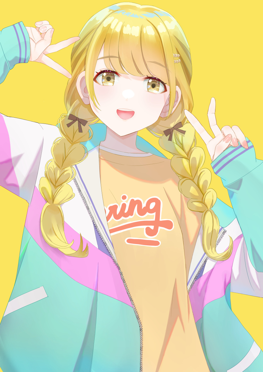 0niq, 1girl, absurdres, blonde_hair, bow, braid, double_v, fujita_kotone, gakuen_idolmaster, hair_bow, hair_ornament, hairclip, highres, idolmaster, jacket, long_hair, long_sleeves, looking_at_viewer, open_mouth, sleeves_past_wrists, smile, solo, twin_braids, upper_body, v, yellow_background, yellow_eyes