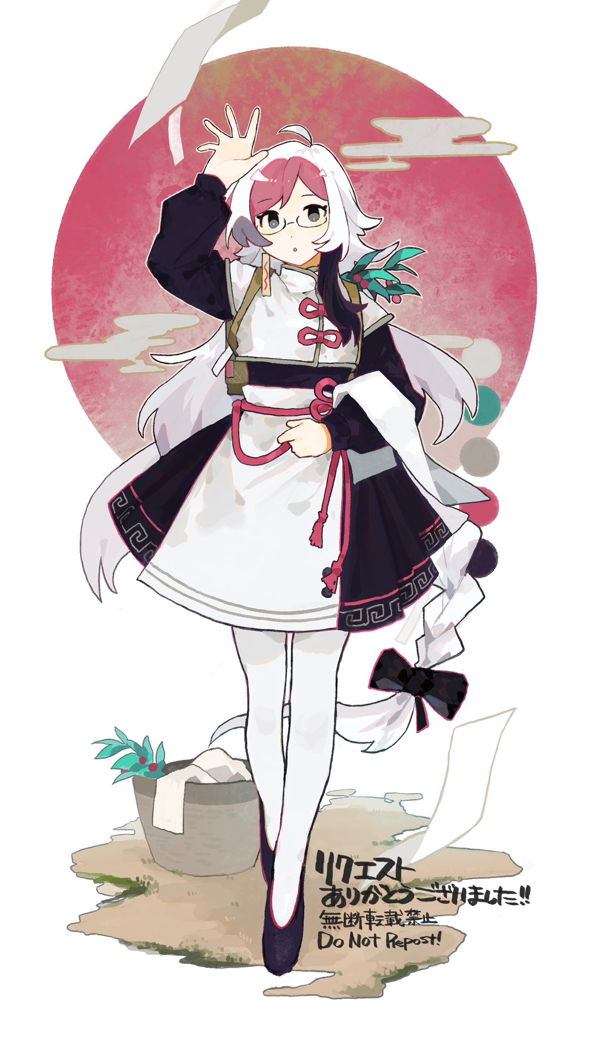 1girl, ahoge, apron, arm_up, black_bow, black_dress, black_footwear, black_hair