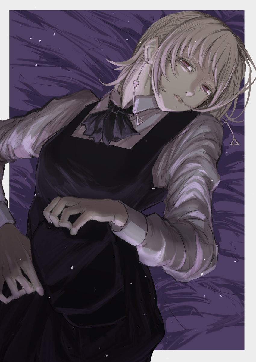 1girl, absurdres, ascot, black_ascot, black_dress, border, chainsaw_man, collared_shirt