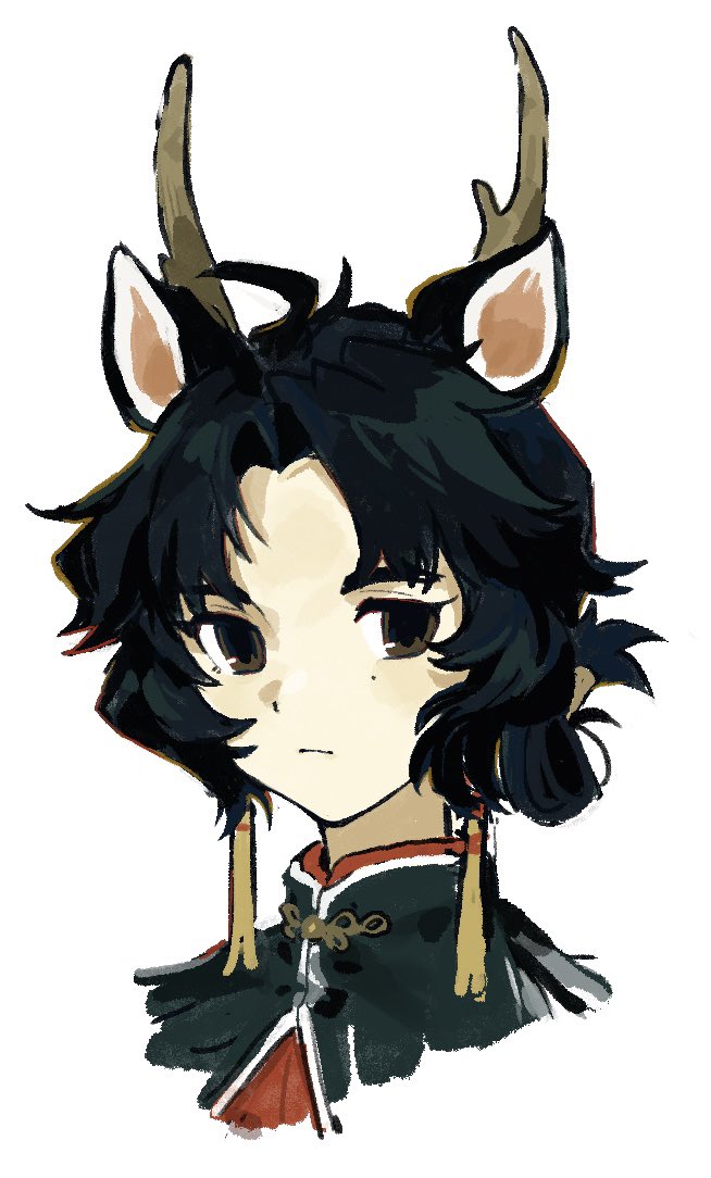 1girl, animal_ears, antlers, arknights, black_hair, brown_eyes, closed_mouth, commentary