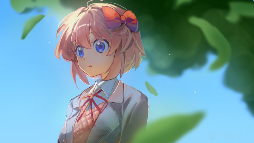1girl, absurdres, ahoge, blue_background, blue_eyes, blurry, blurry_background, bow, bowtie, coat, depth_of_field, doki_doki_literature_club, falling_leaves, grey_coat, hair_between_eyes, hair_bow, highres, leaf, open_mouth, pink_hair, plavoid, red_bow, red_bowtie, red_sweater_vest, sayori_(doki_doki_literature_club), school_uniform, short_hair, solo, sweater_vest, tree, twitter_username, upper_body