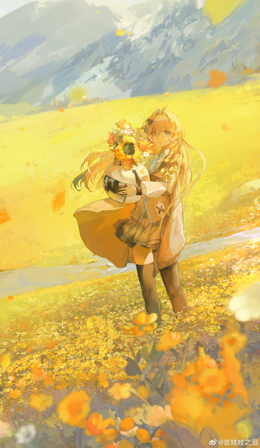1girl, absurdres, antenna_hair, black_skirt, black_thighhighs, blonde_hair, blue_necktie, bouquet