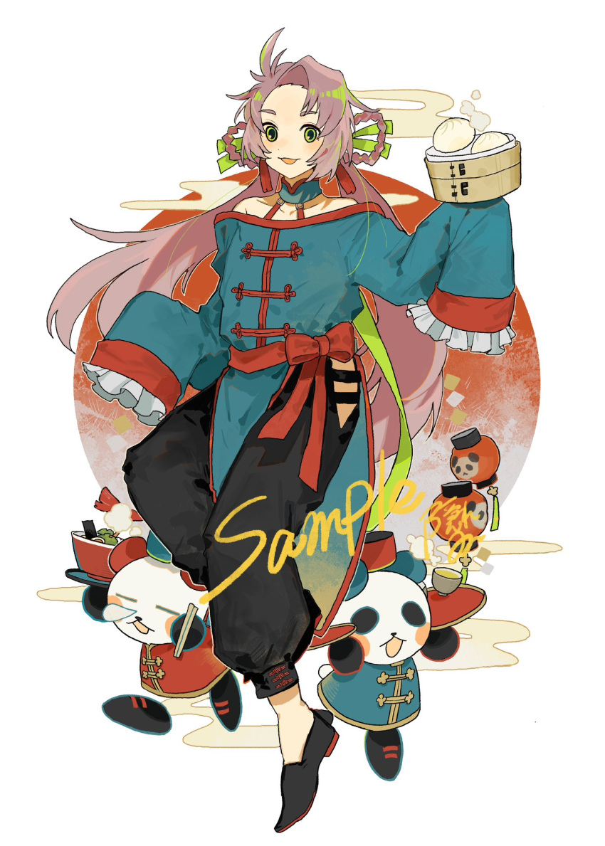 1other, :3, androgynous, animal, aqua_shirt, bamboo_steamer, baozi, bare_shoulders